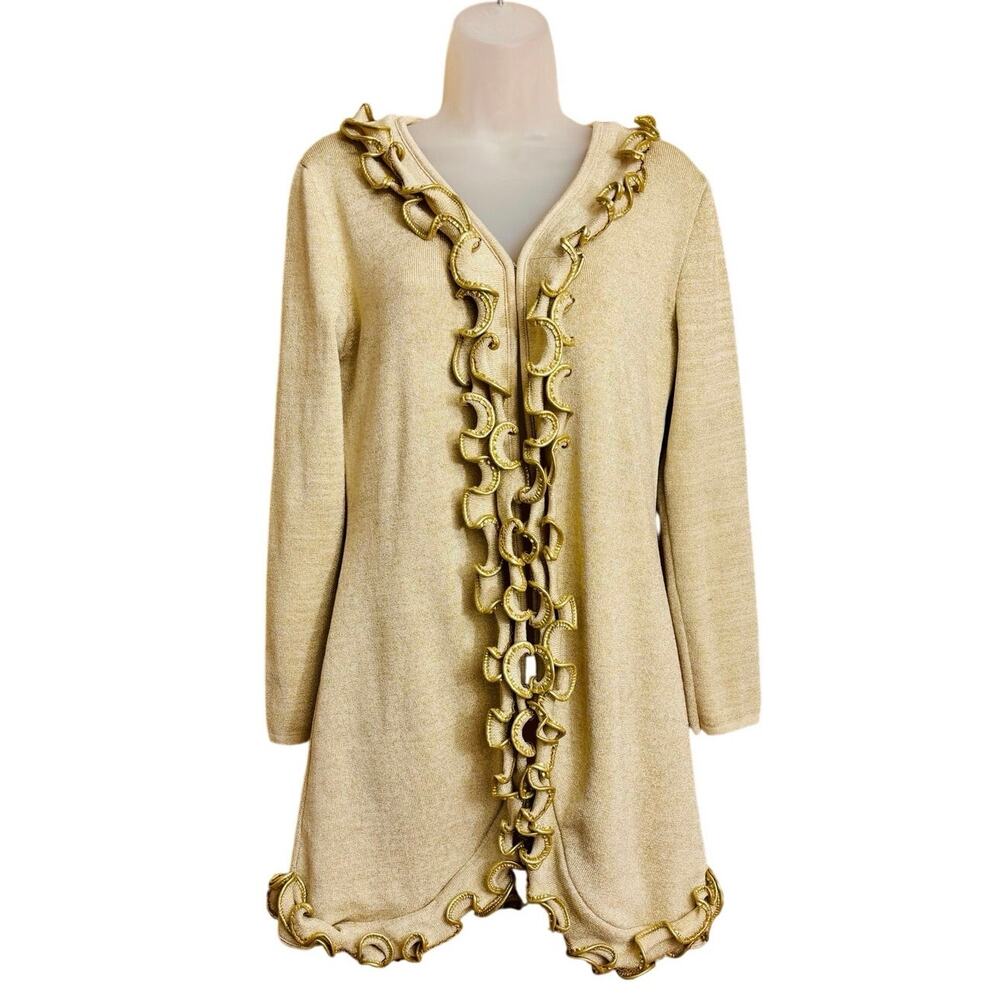 Ravel Golden Open front knit Ruffled long cardigan sweater lightweight coat szM